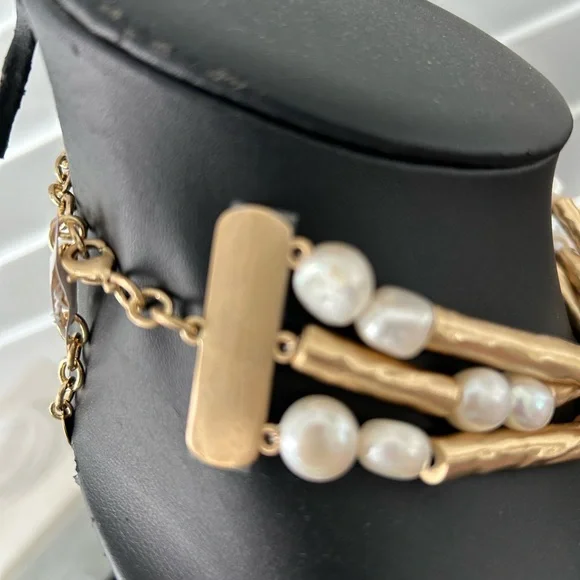 NEW Cult Gaia Zabelle Baroque Pearl CHOKER NECKLACE 18" Gold Bars 3 Strands